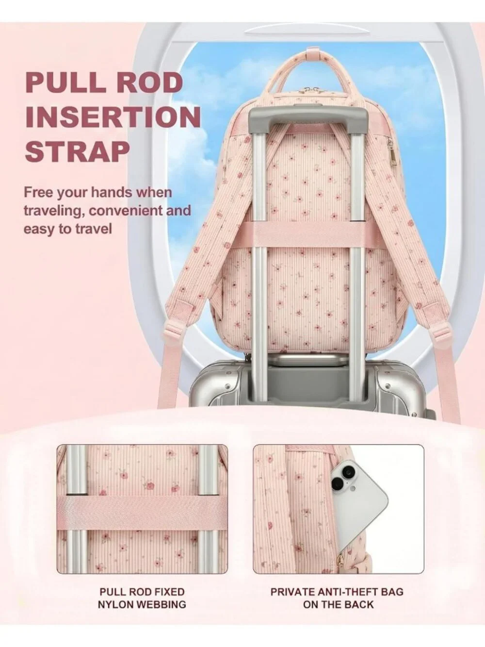 Floral Pink Laptop Backpack for Women, Lightweight School Bag with Compartment